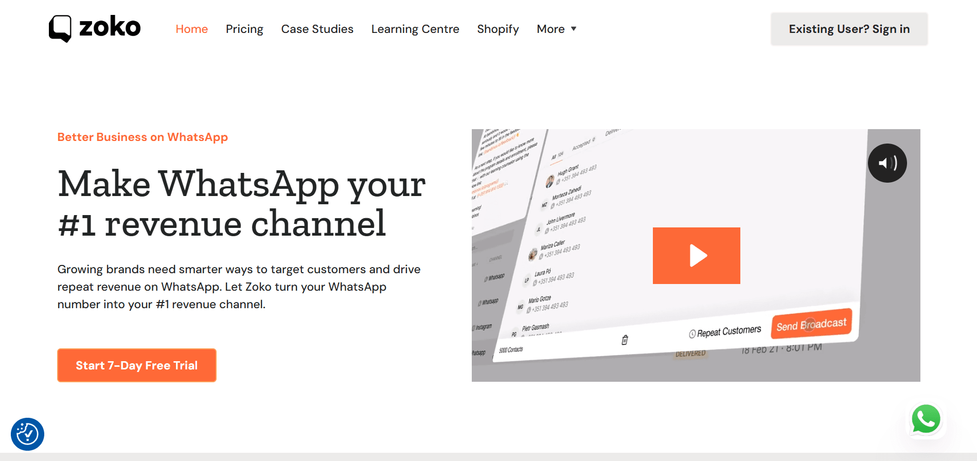 Homepage of Zoko, a WhatsApp Business Partner.