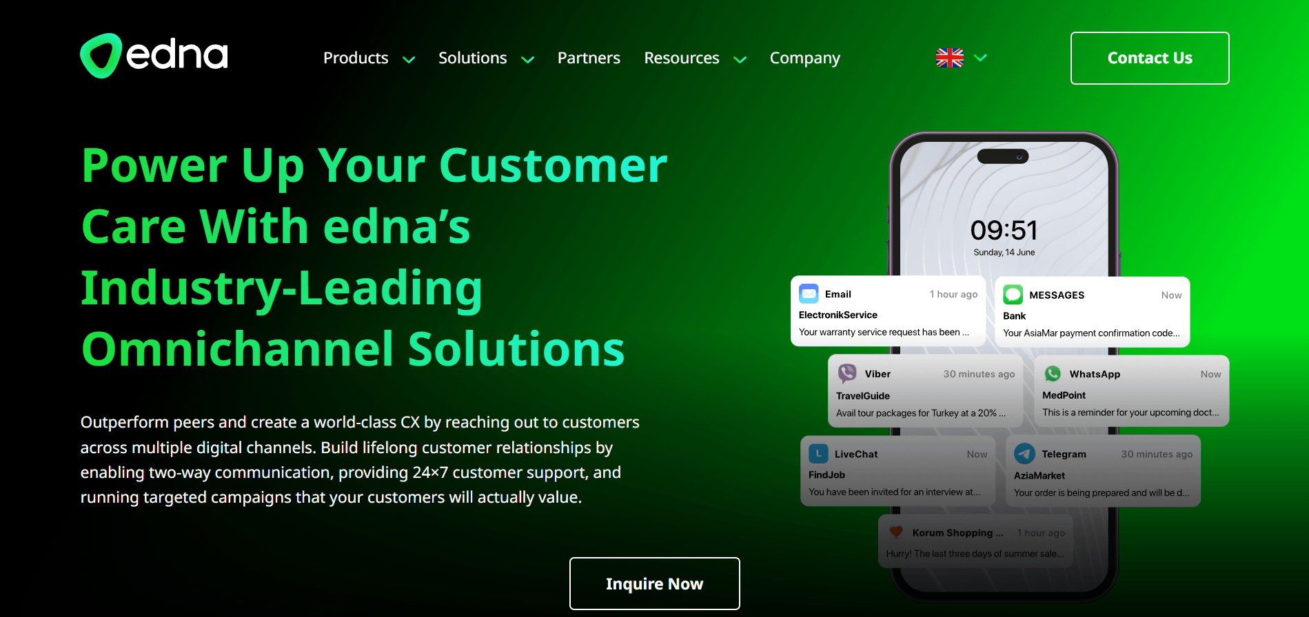 Homepage of Edna, an omnichannel WhatsApp Business Partner.