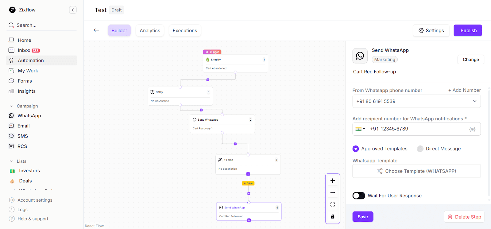 An example of a WhatsApp abandoned cart recovery workflow on Zixflow.
