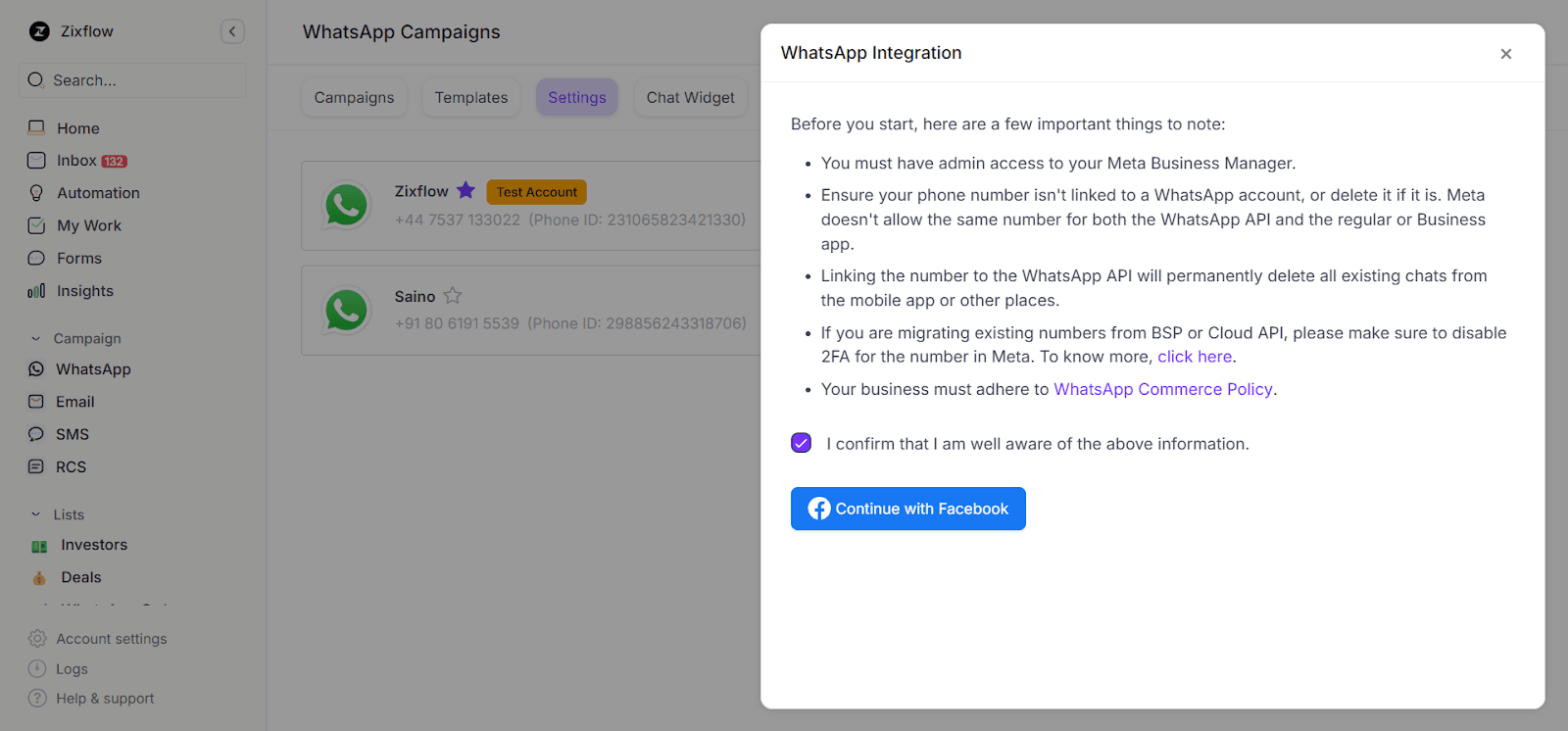 WhatsApp integration guidelines to follow when linking it with Zixflow.
