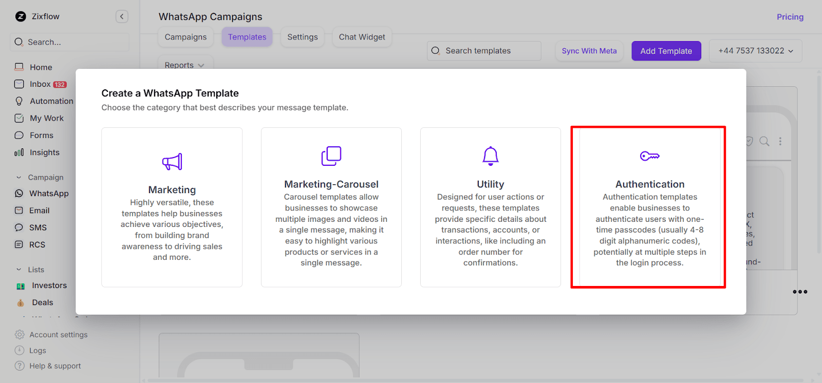 Various kinds of WhatsApp messaging templates you can create with Zixflow.