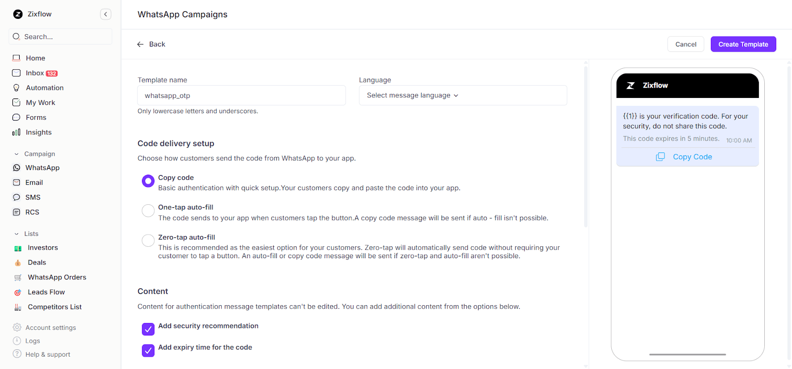 Zixflow’s WhatsApp OTP template builder. 