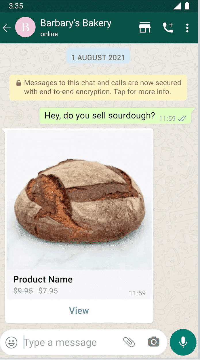 An example of a product recommendation message on WhatsApp.