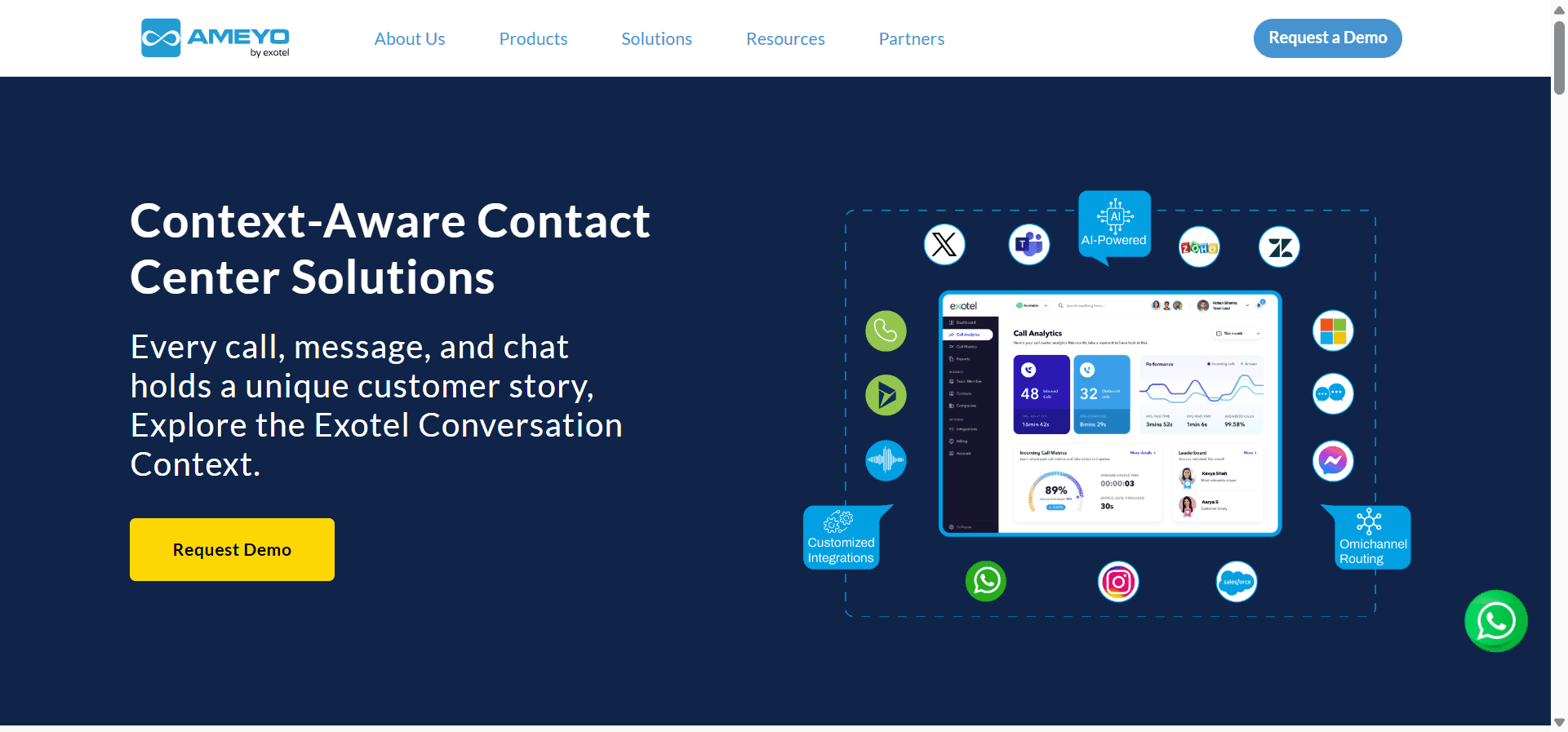 Homepage of Ameyo, an official WhatsApp API platform.