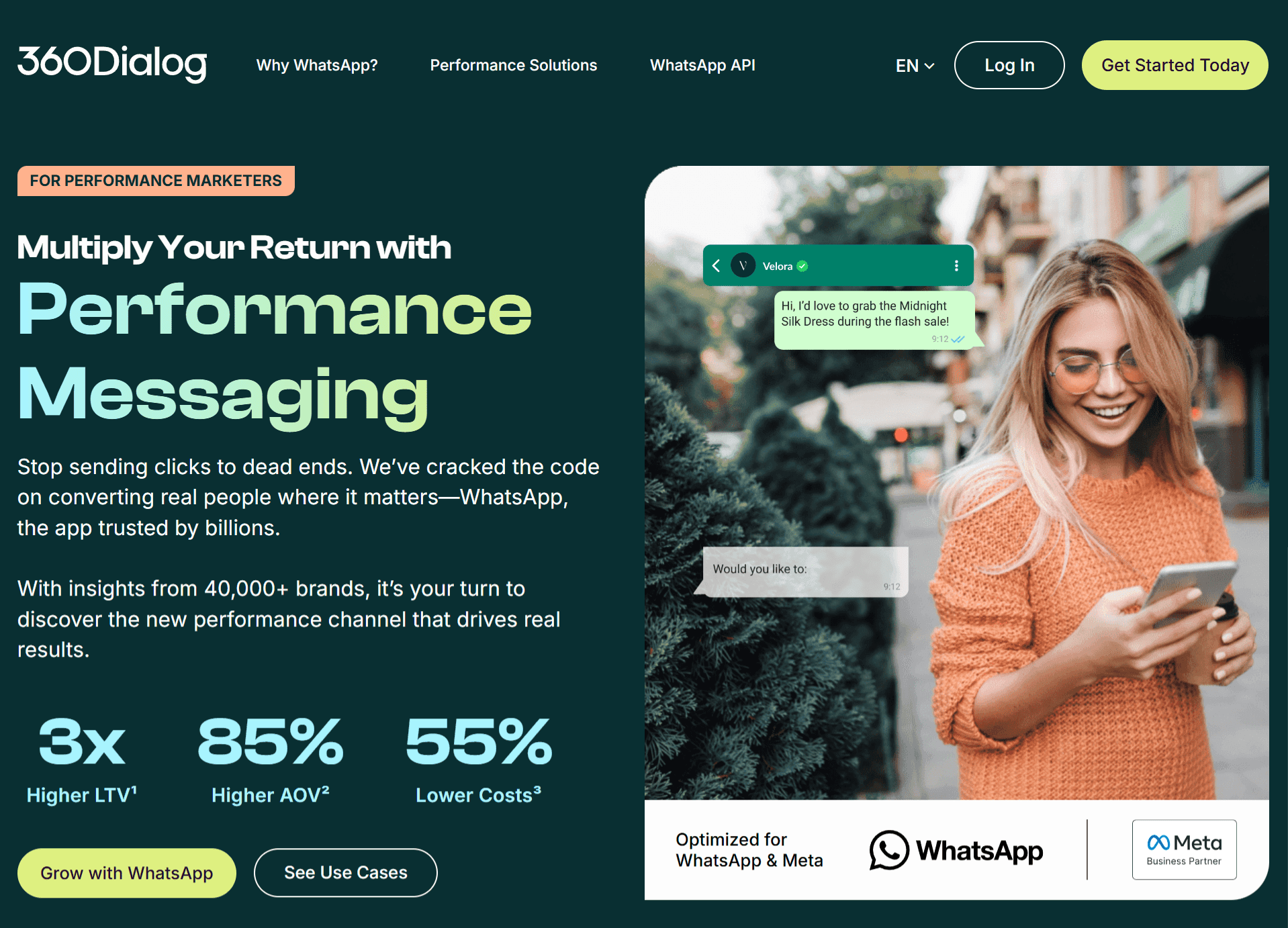 Homepage of 360dialog that offers enterprise-grade WhatsApp API solutions.