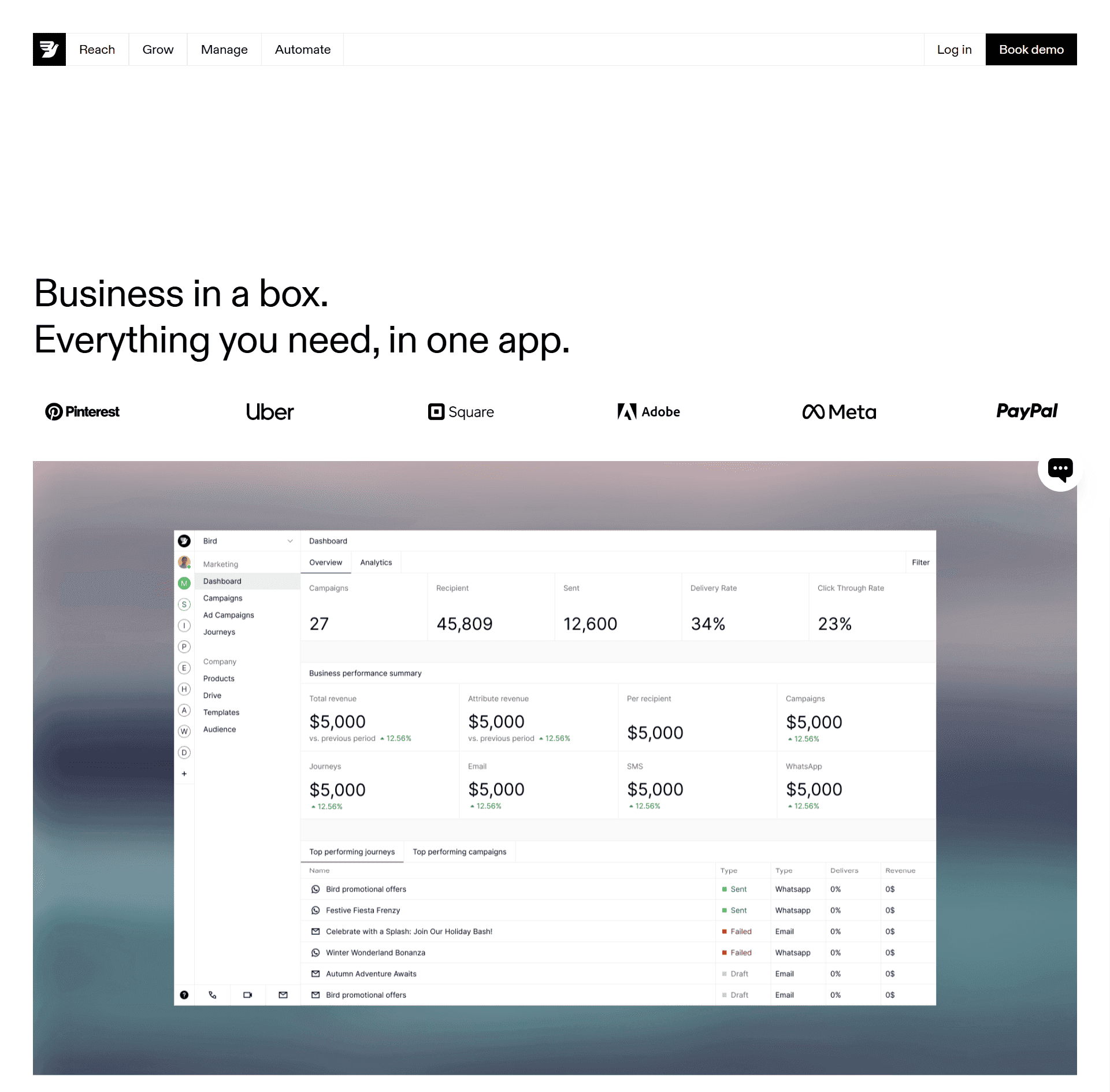Homepage of Bird, an official WhatsApp API provider.