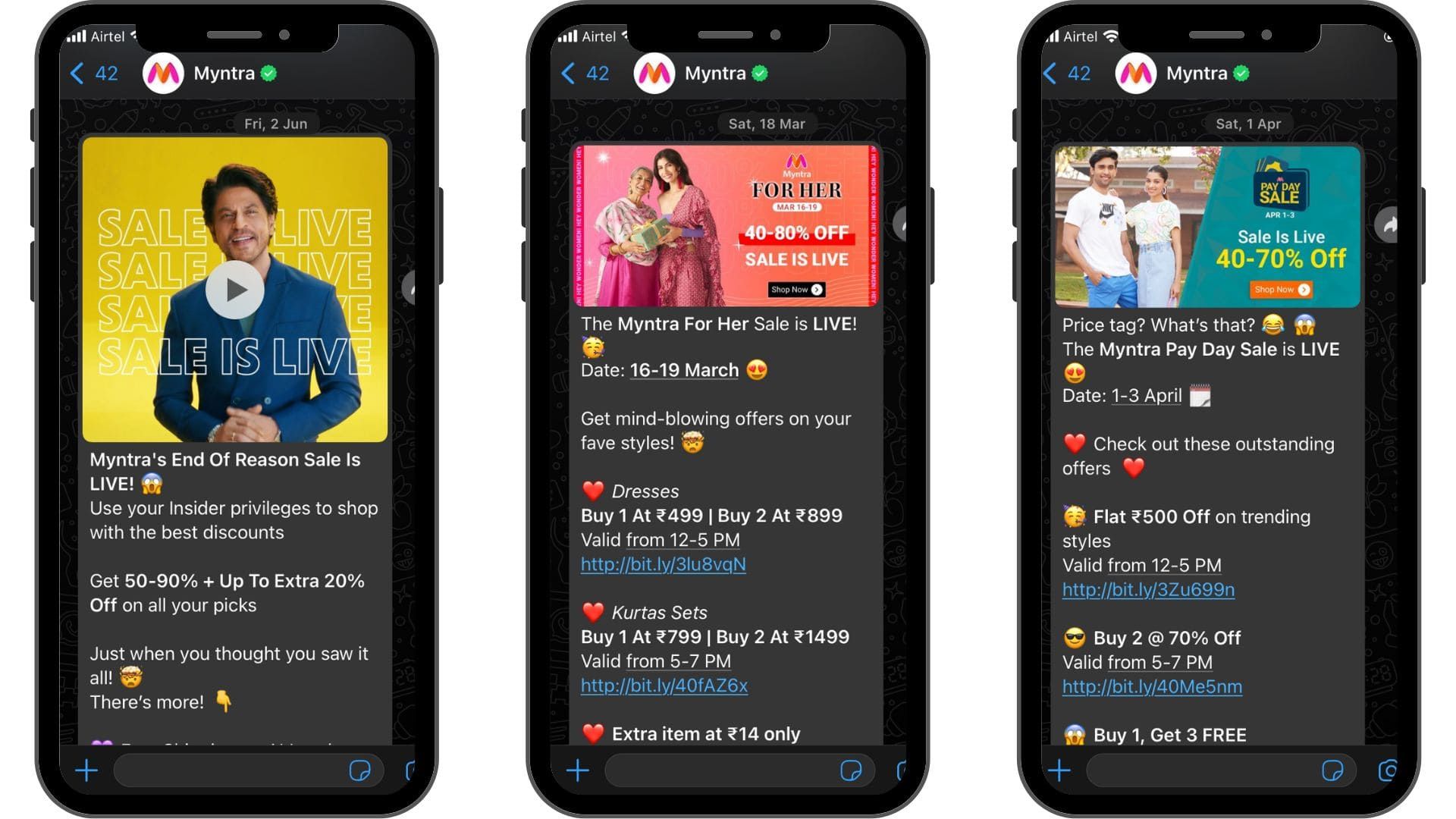 WhatsApp marketing messaging examples from Myntra.
