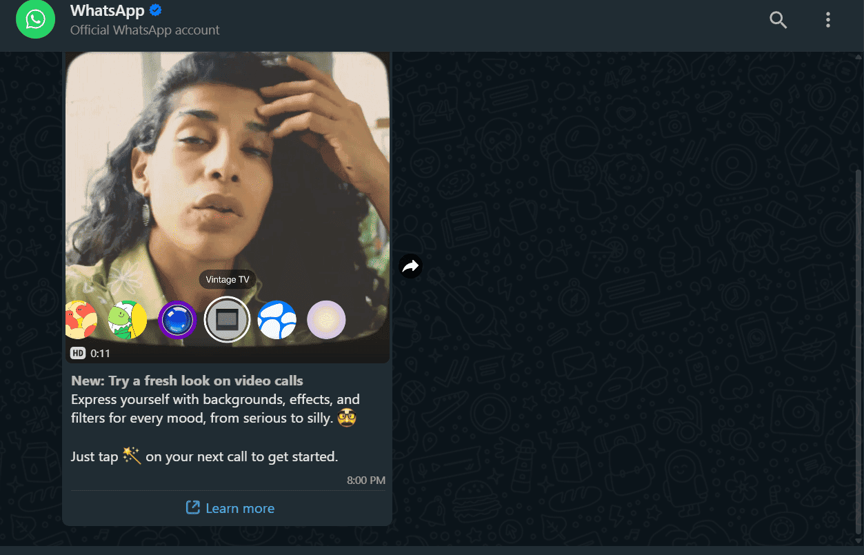 An example of a product feature video message from WhatsApp.