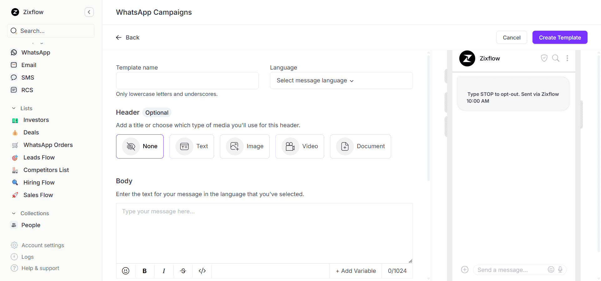The WhatsApp message template builder within Zixflow.