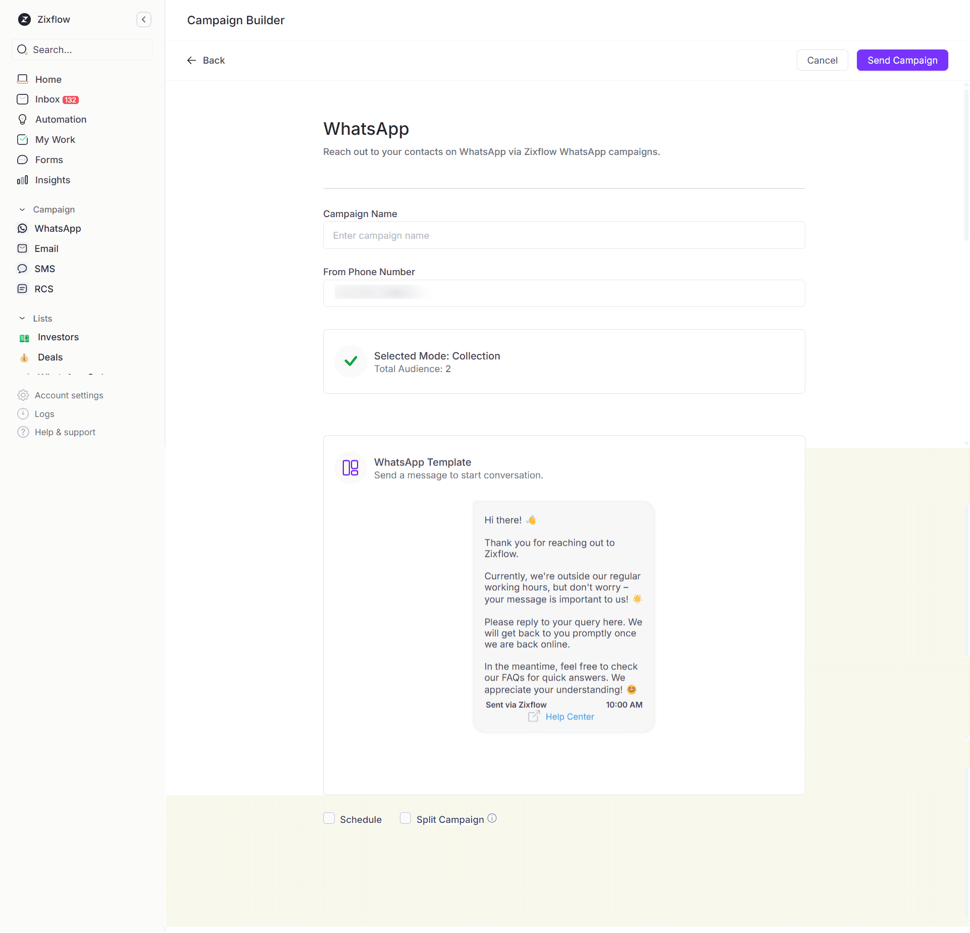 Zixflow’s code-free WhatsApp campaign builder. 