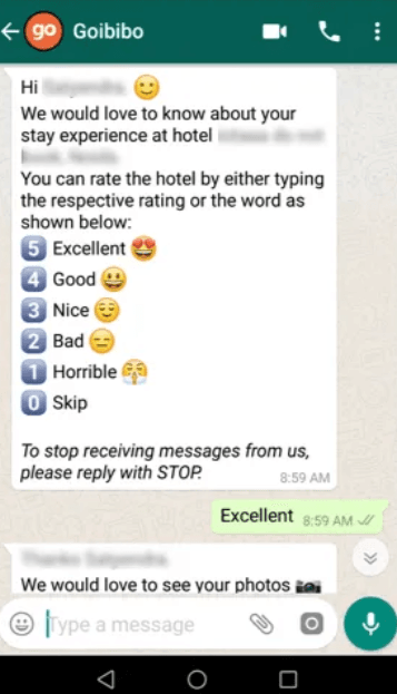 An example of a WhatsApp feedback message.