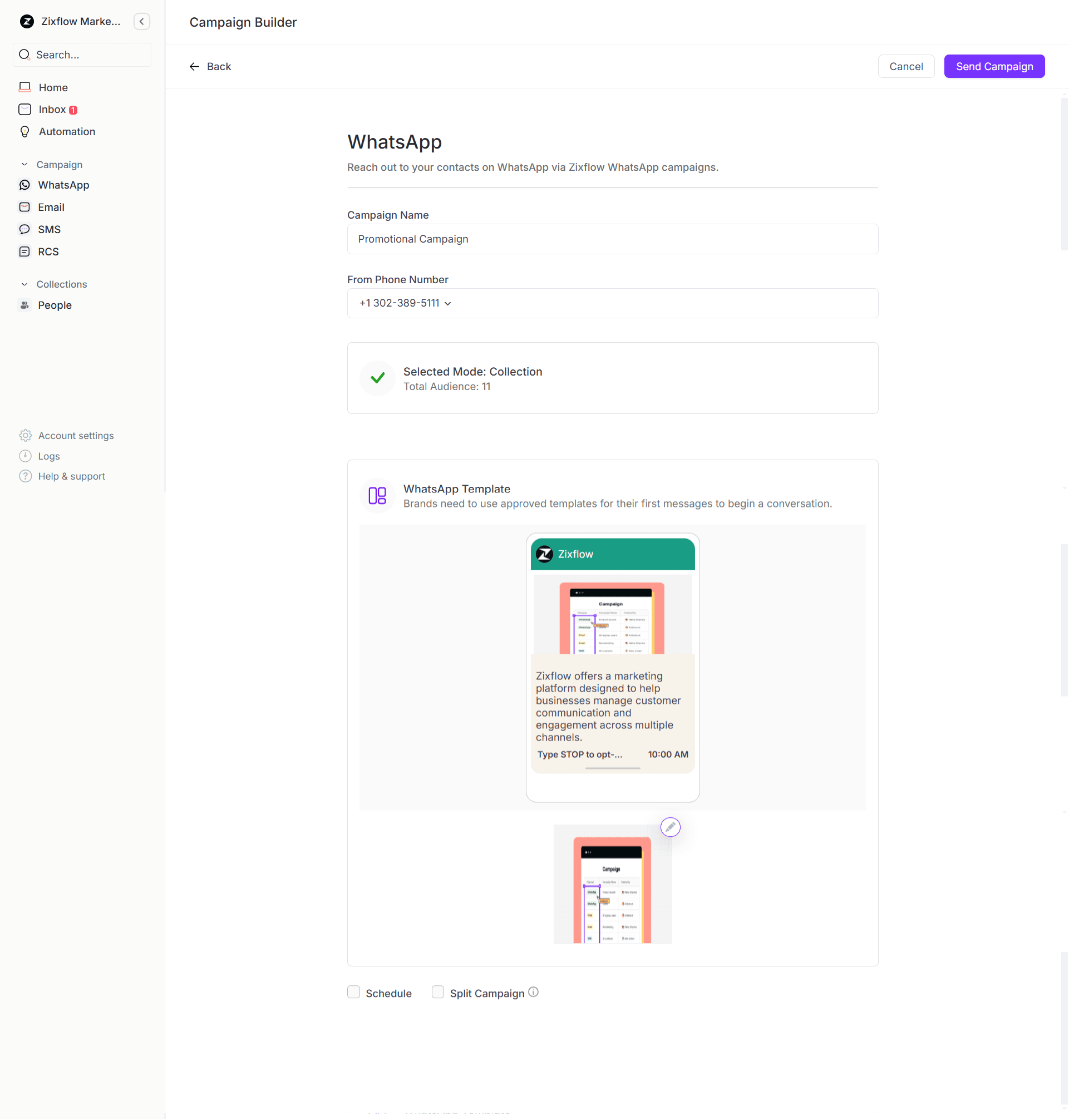 WhatsApp campaign editor within Zixflow that lets you set up and run engaging outreach campaigns.