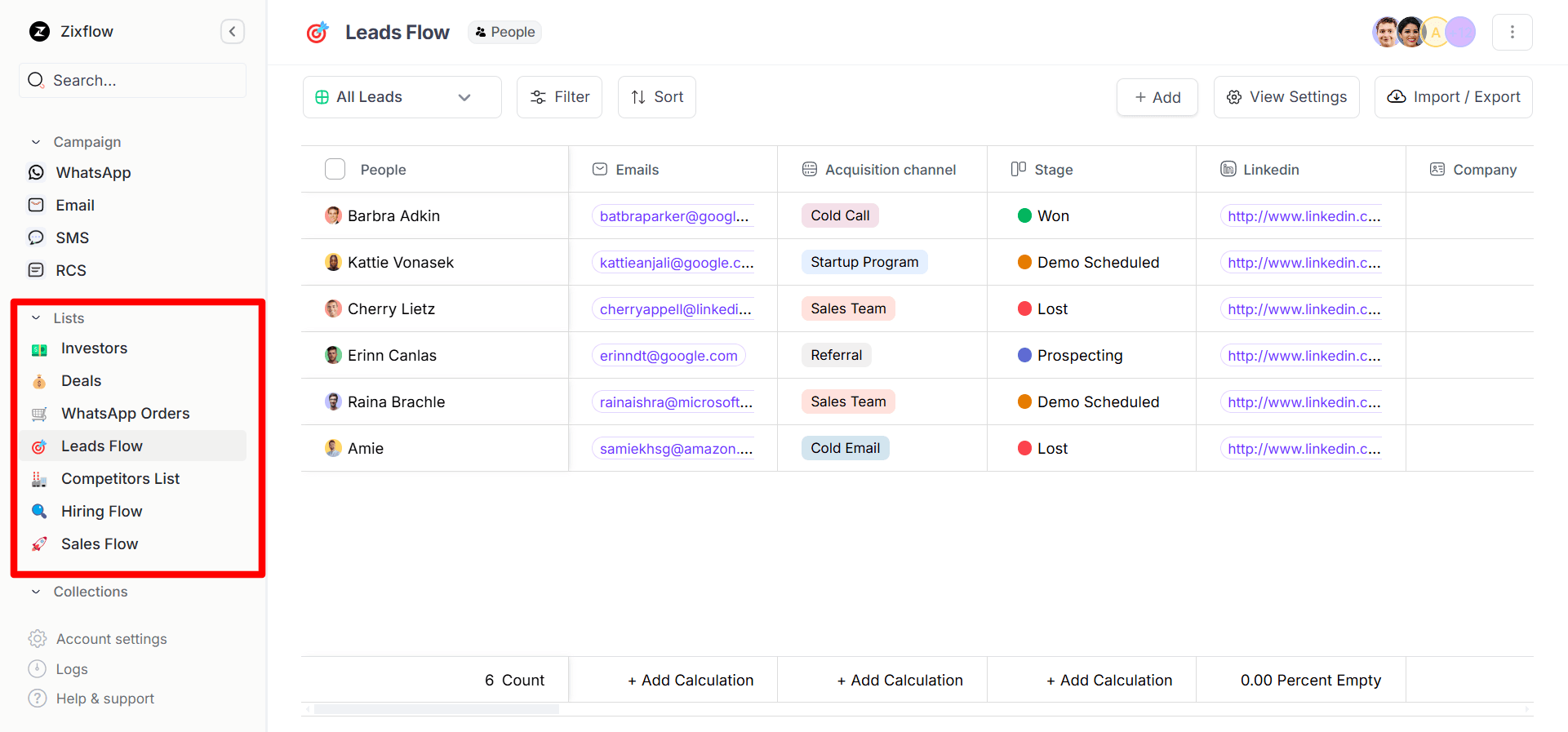 Various kinds of lists you can create within Zixflow.