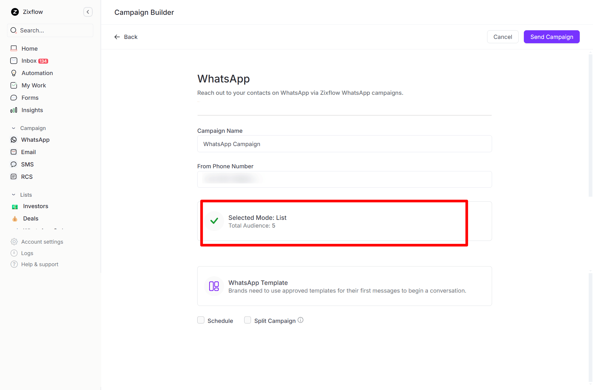 The audience option in Zixflow’s WhatsApp campaign builder.