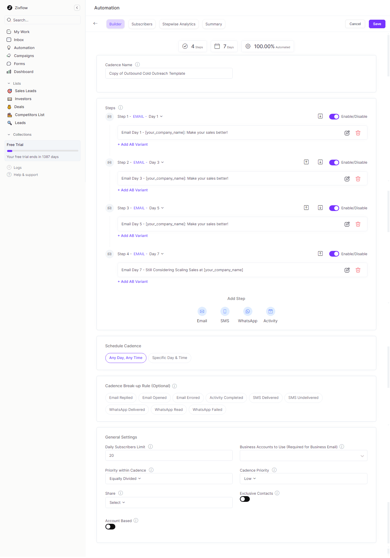 Sales cadence builder in Zixflow.