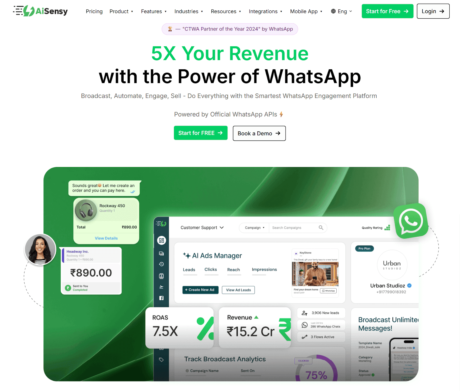 Homepage of AiSensy. a renowned WhatsApp chatbot software. 