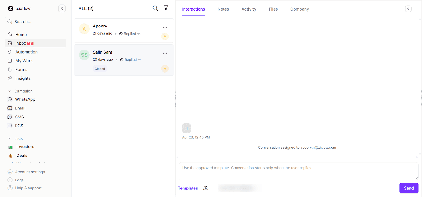 Zixflow’s WhatsApp shared inbox.