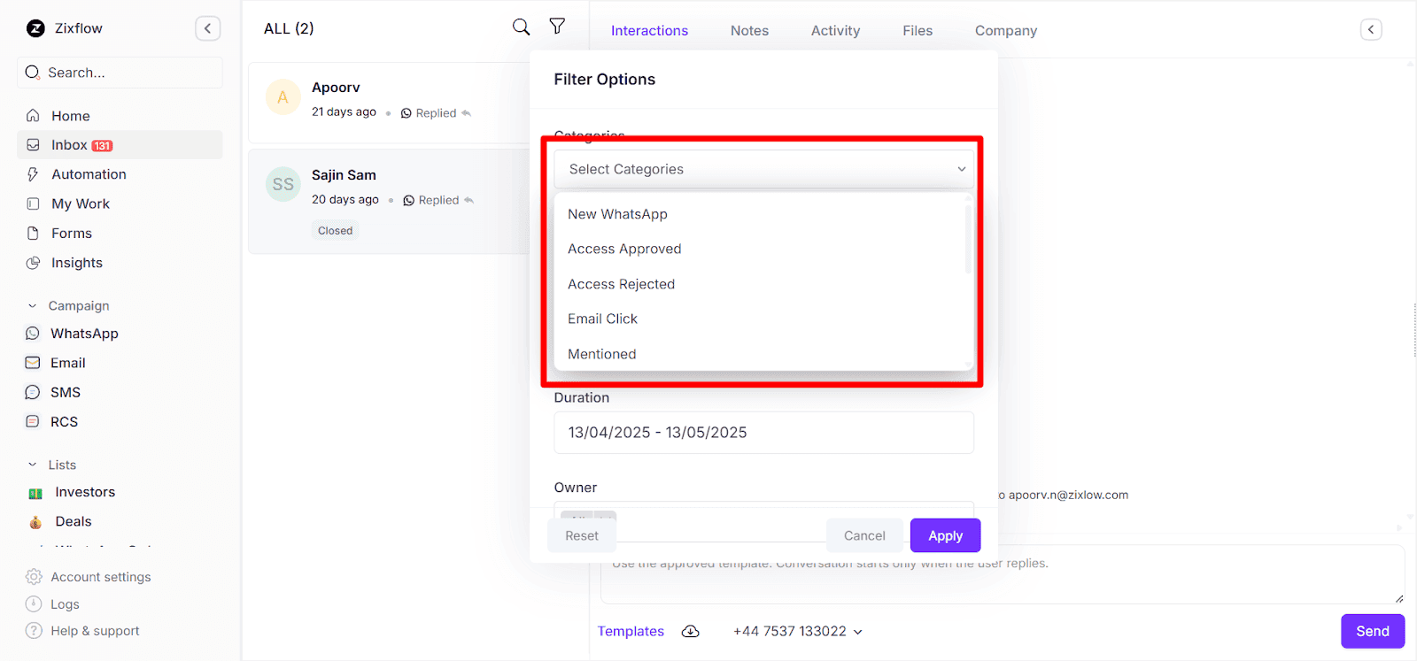 Various filter option in Zixlow’s WhatsApp shared inbox.