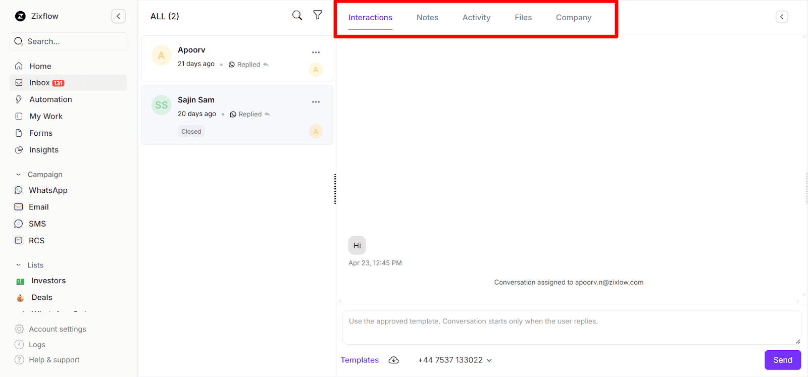 Different tabs in the Zixflow’s shared inbox to manage contact details.