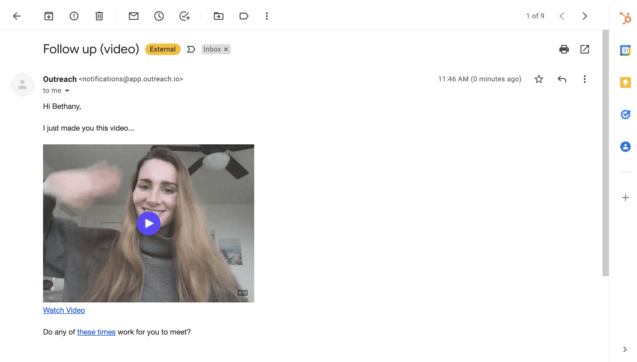 A personalized email with a video introduction to engage with the prospect.(source: Sendspark)