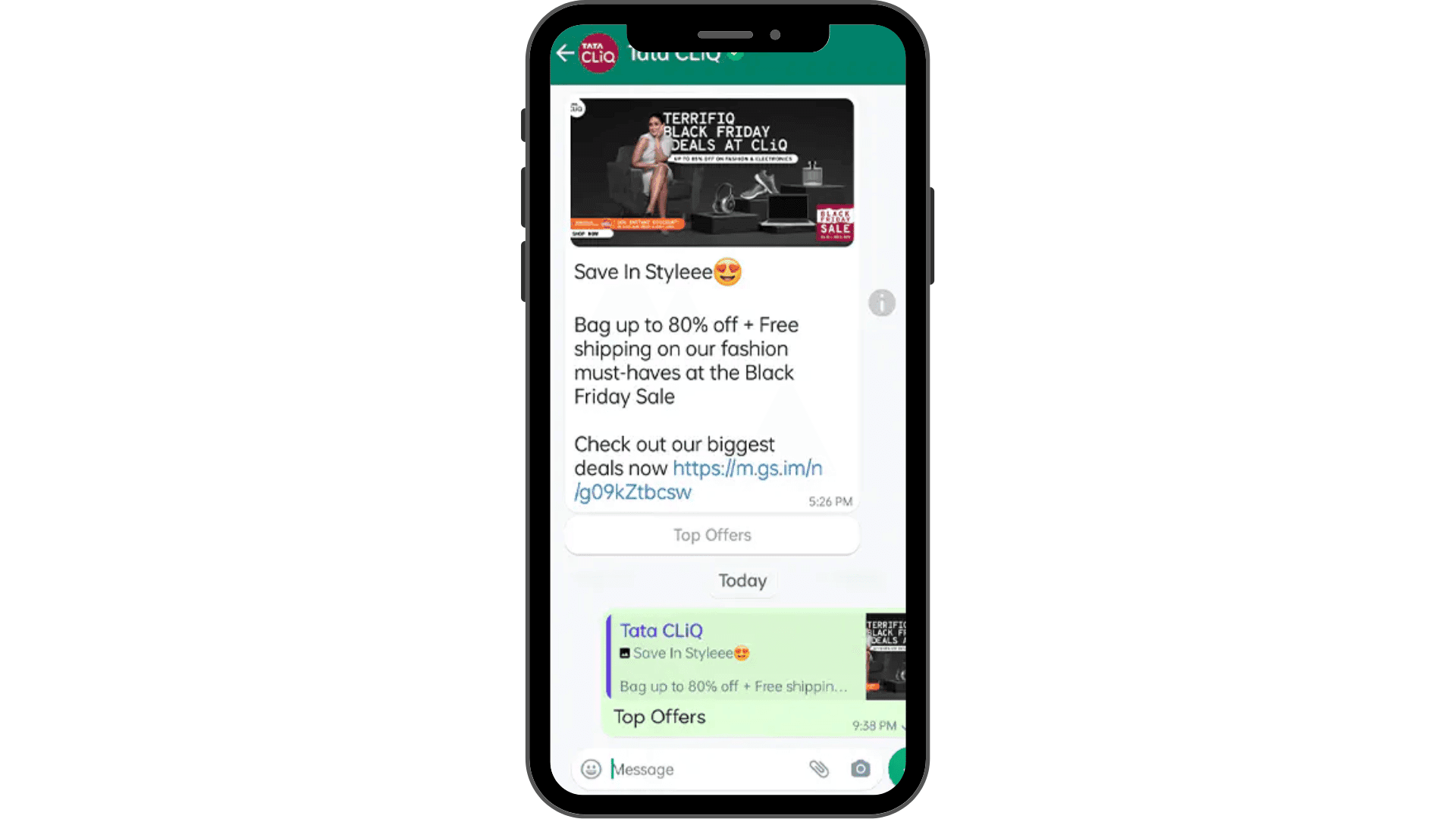 Tata CLiQ promotional WhatsApp message.