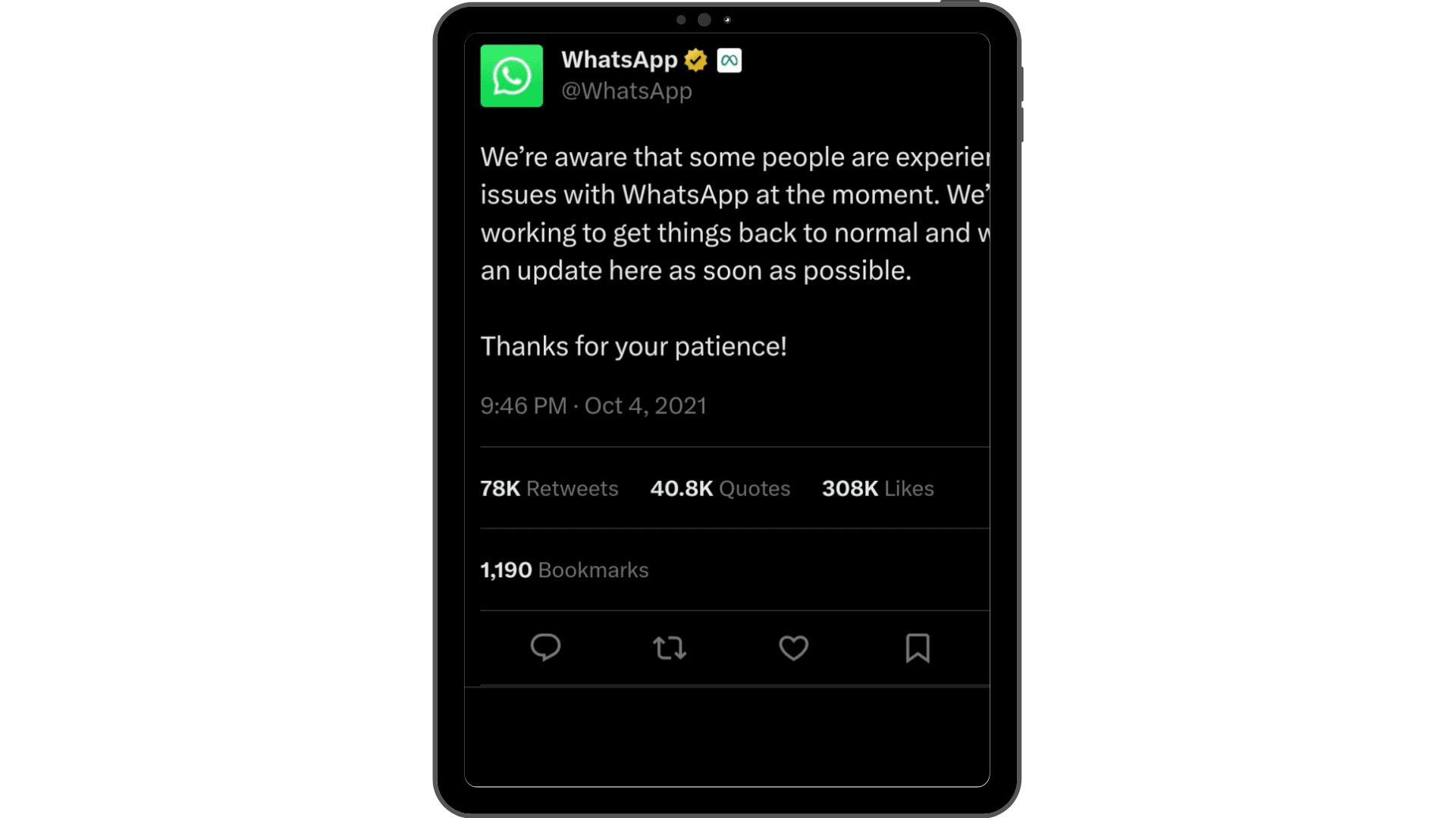 WhatsApp technical issue message on Twitter.