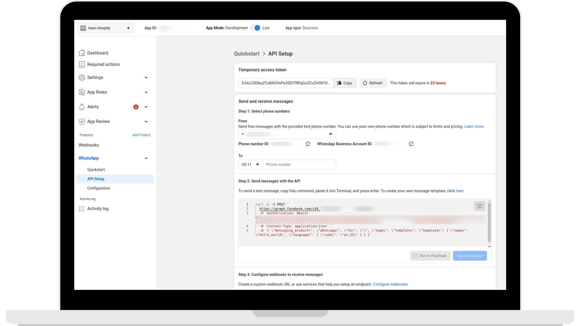 The getting started screen that you see when setting up your WhatsApp Cloud API.
