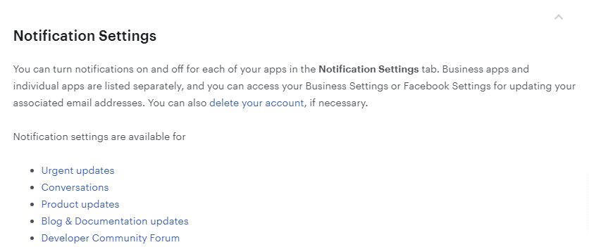 Notification settings present in the Meta Developer account. (source: Meta)
