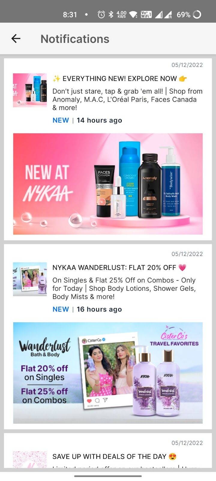 Nykaa Low Engagement Model- Push notification for new launch, discounts & special offers