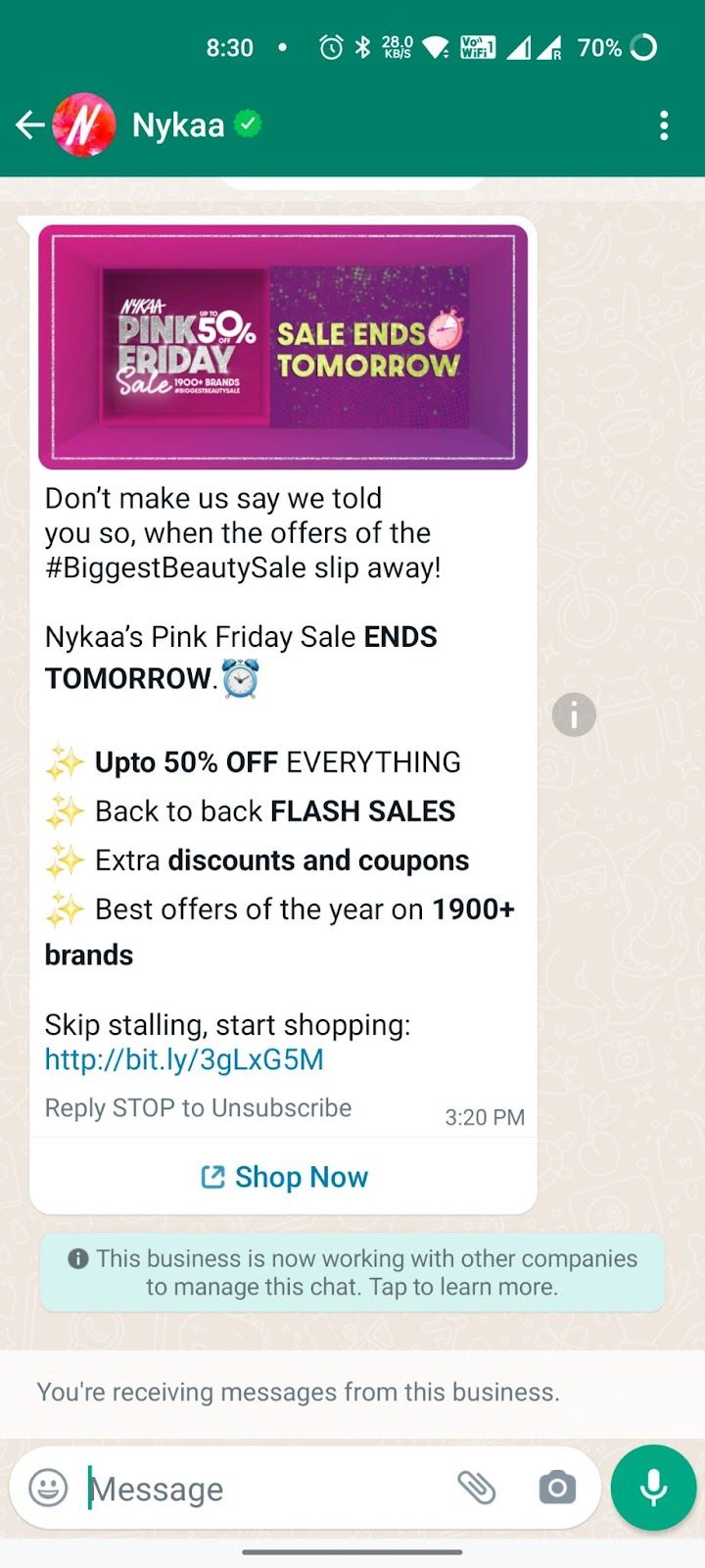 Nykaa Low Engagement Model: WhatsApp Notification