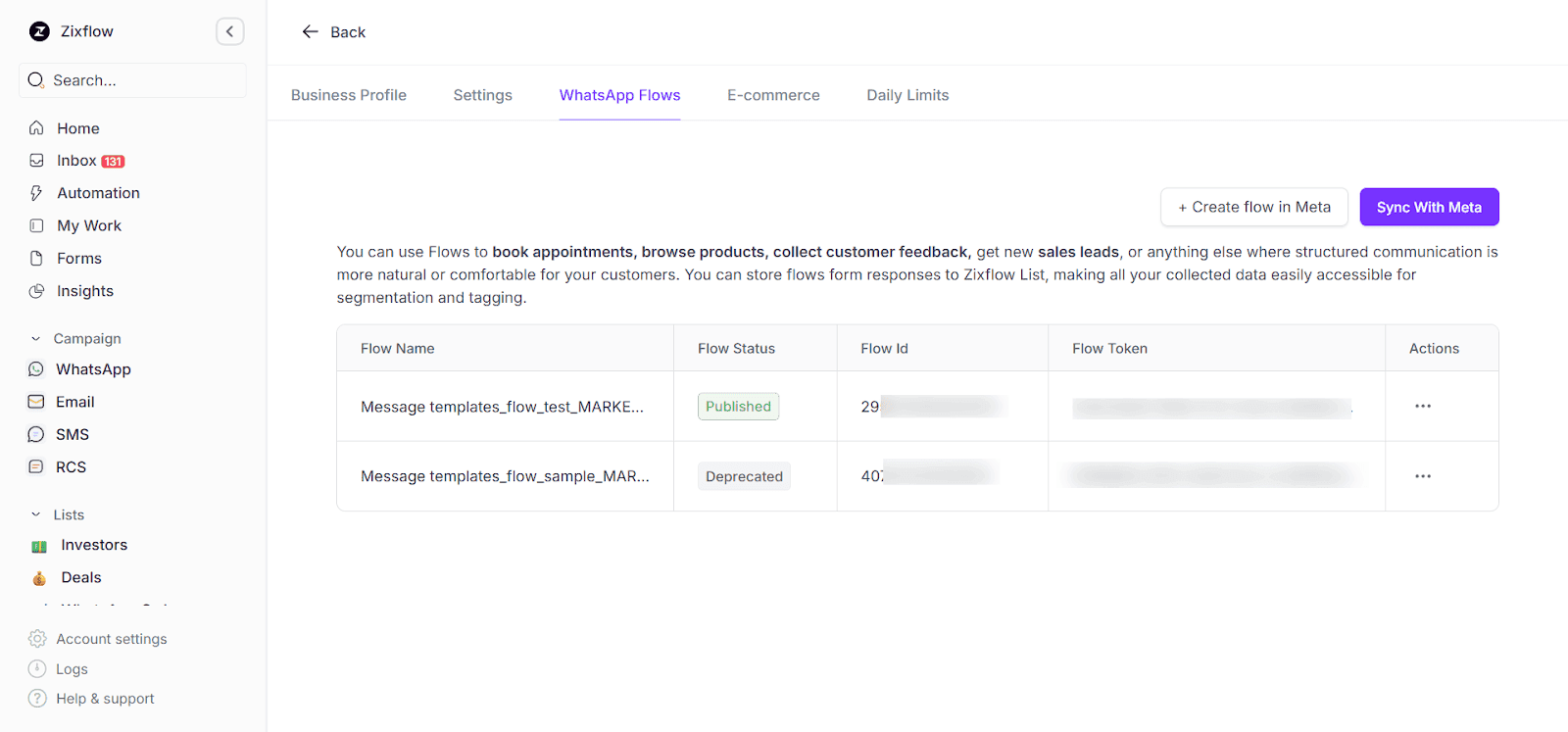 Zixflow allows you to manage your WhatsApp Flows directly from the platform.