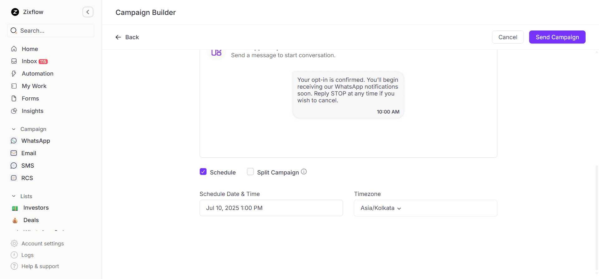 Scheduling option in Zixflow’s WhatsApp marketing campaign builder. 