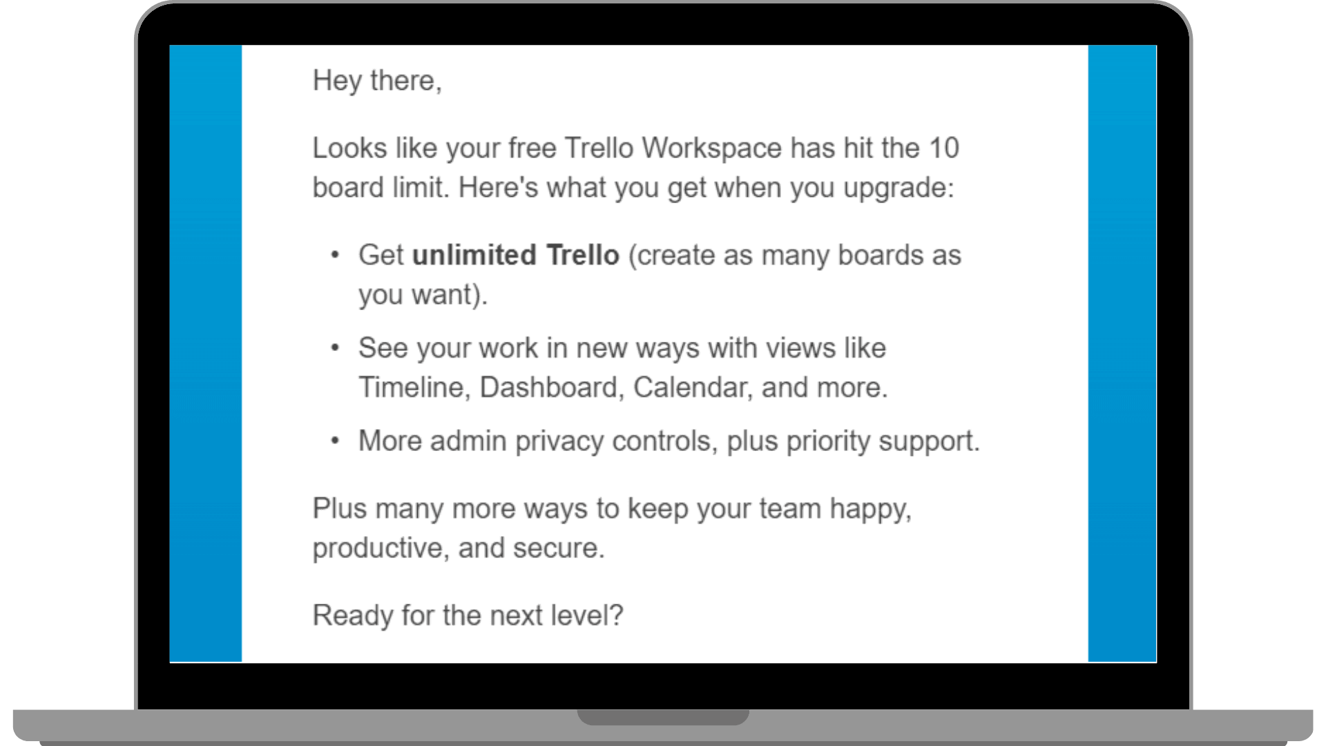 Upselling mail from Trello to get access to premium dashboard