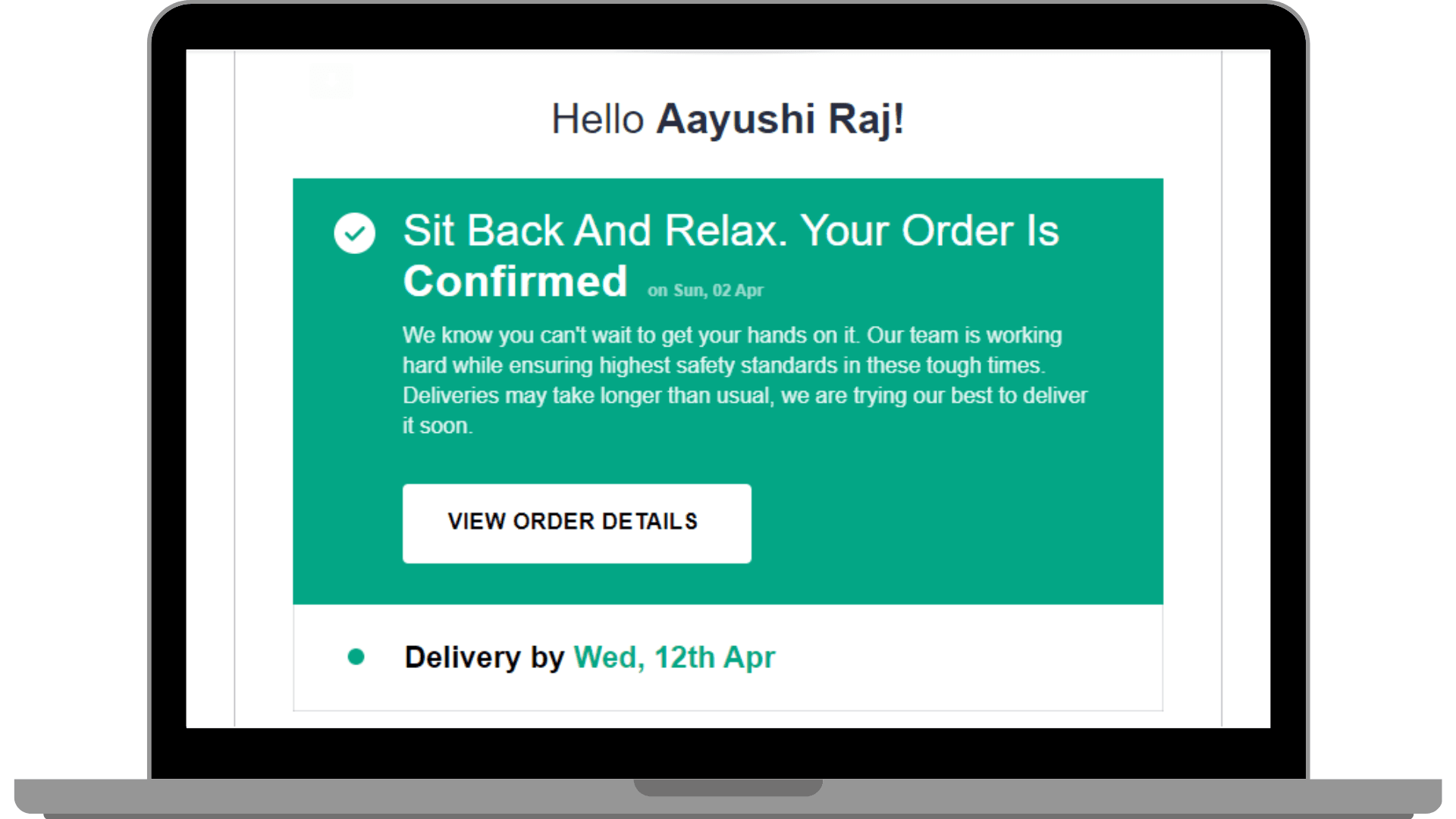 Mail sent by Myntra after placing order