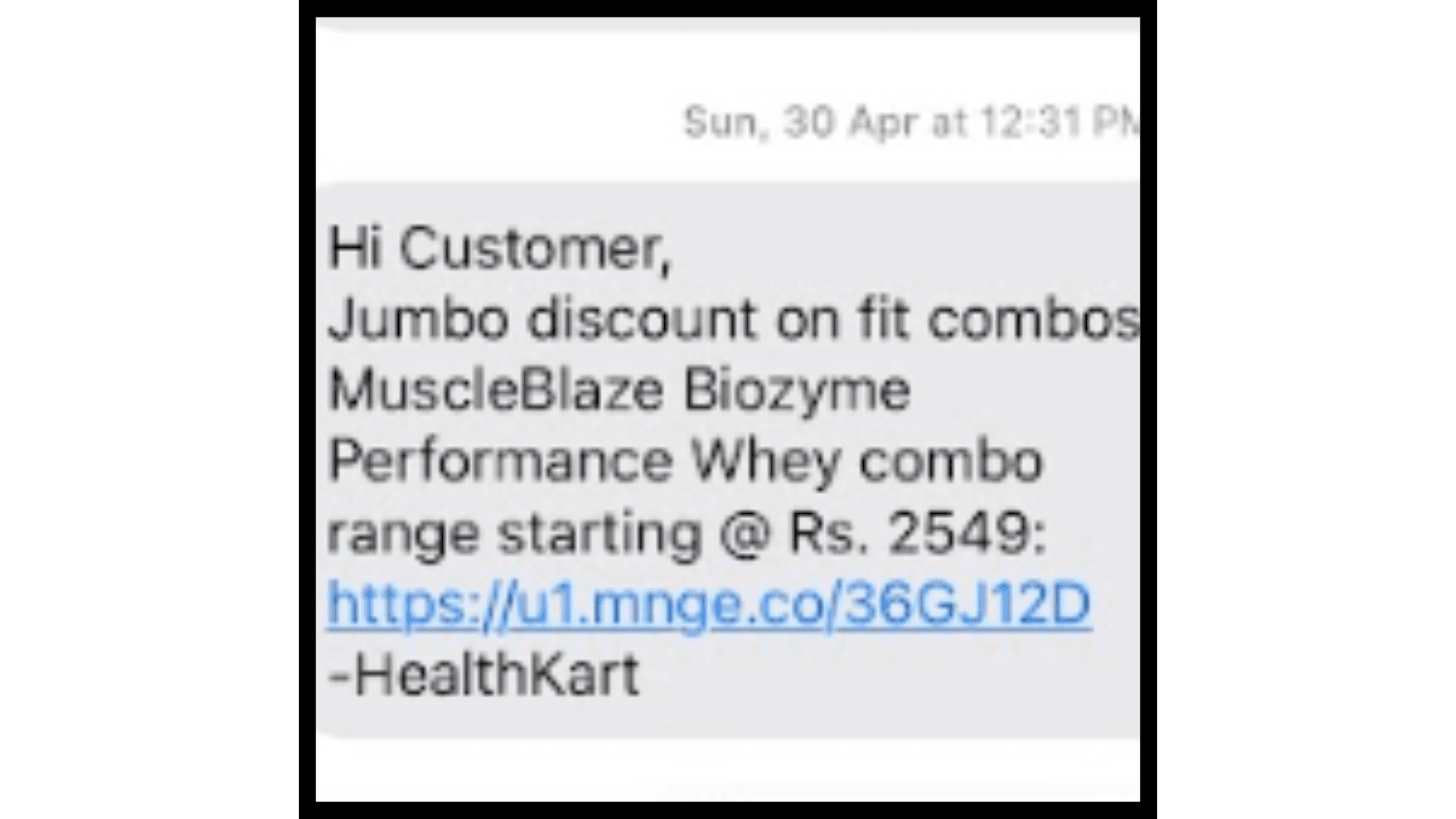 Drip SMS by Helthkart, firstly for purchasing protein and then offering discounts on purchase