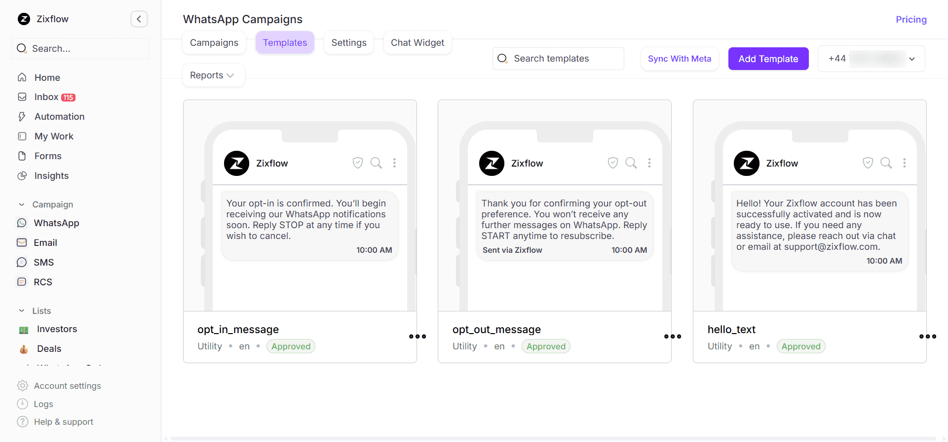 WhatsApp Business Templates within Zixflow.