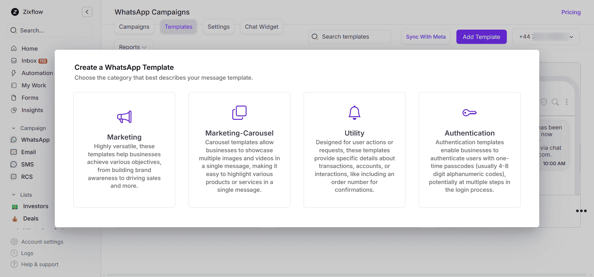 Various WhatsApp Business template categories in Zixflow.