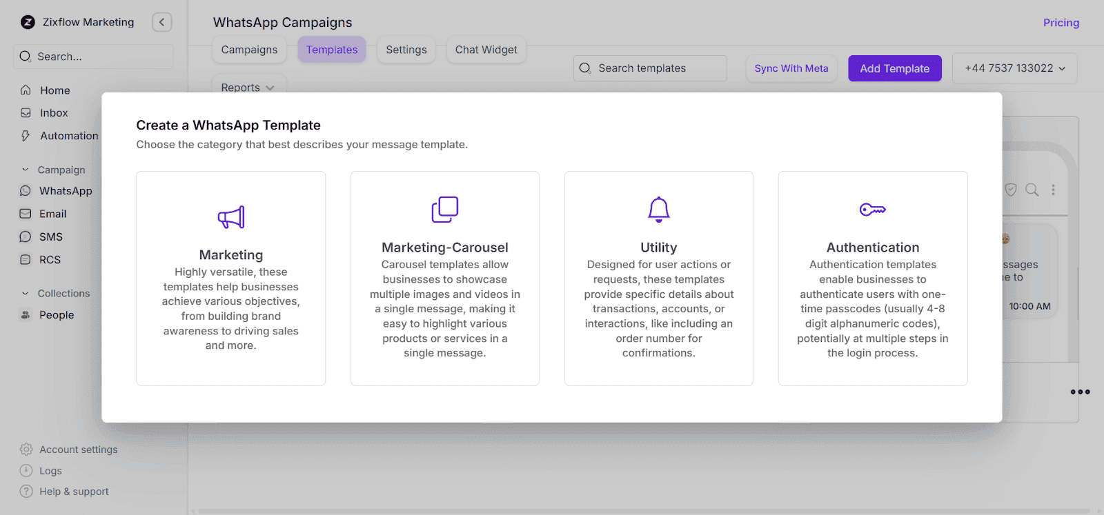 Different types of WhatsApp templates you can create with Zixflow.