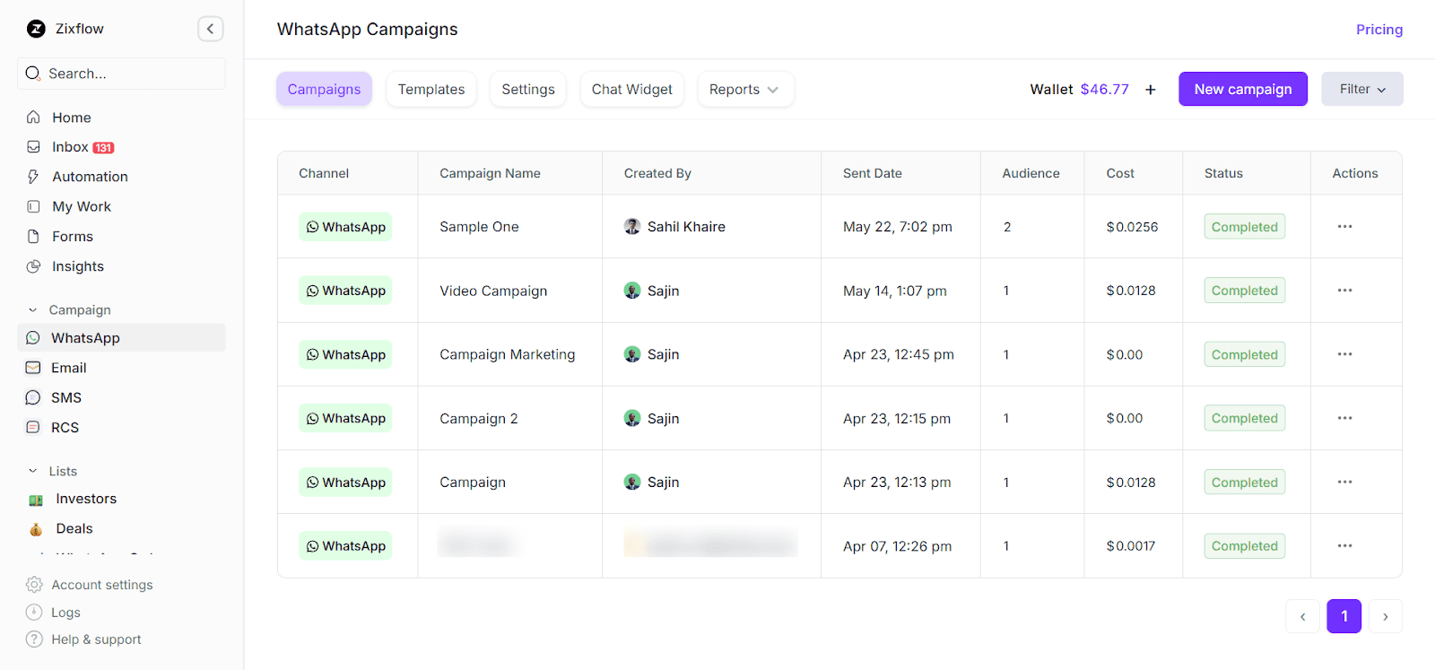 The campaign screen in Zixflow gives you information about all of your WhatsApp campaigns.