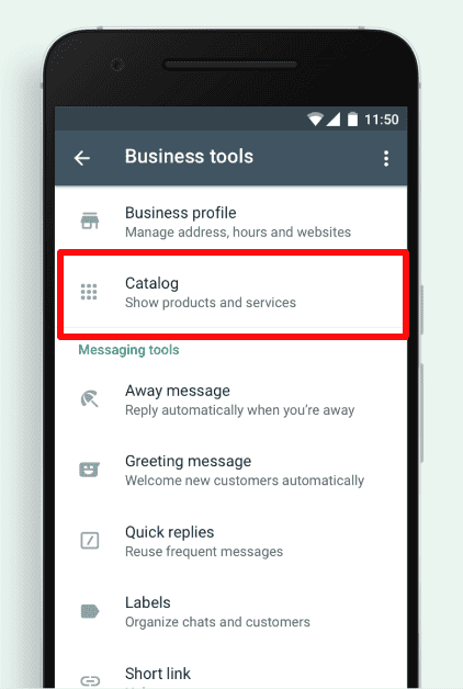 The Catalog option in the WhatsApp Business App.