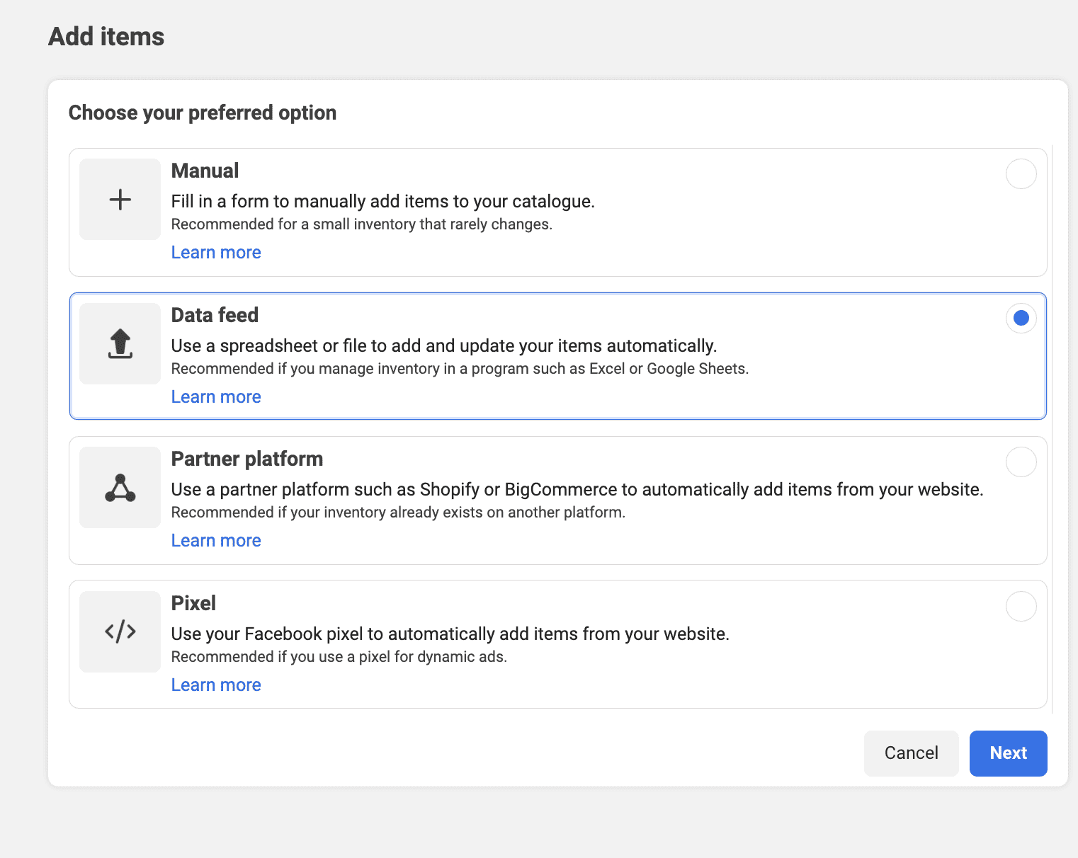Different sources to add the items from in your WhatsApp catalog.