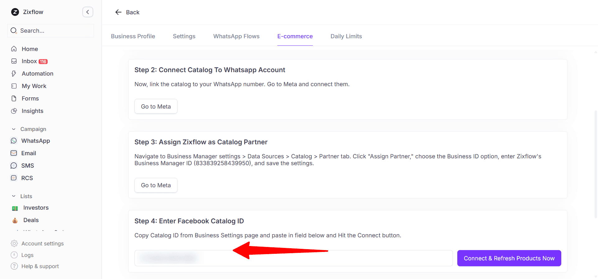 Enter your Facebook Catalog ID in the field to link your catalog with the platform.