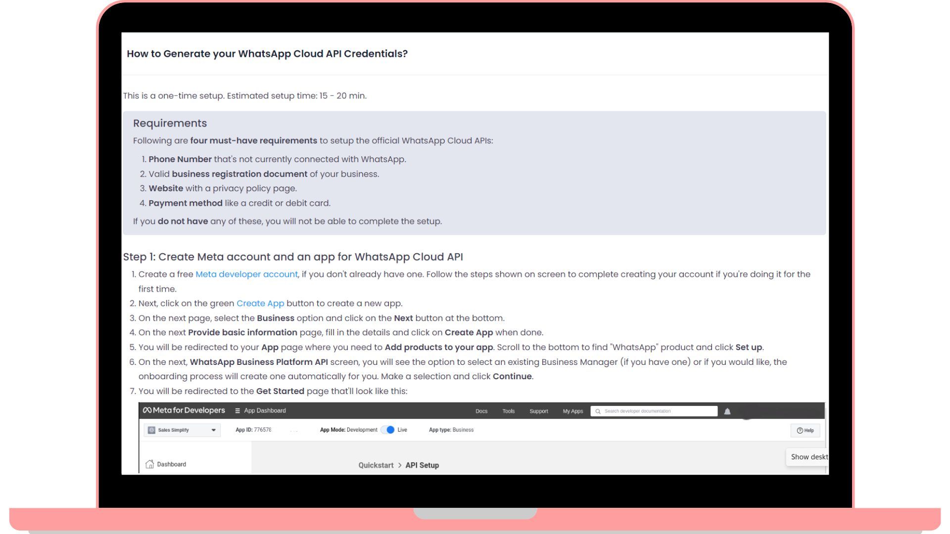Steps showing how to generate your WhatsApp Cloud API credentials.