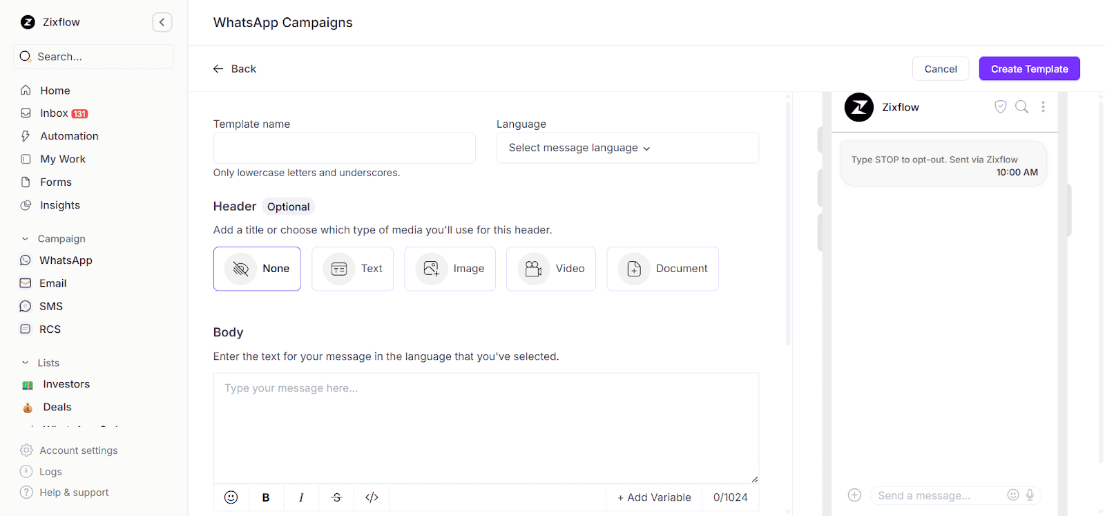 WhatsApp template builder in Zixflow to design your marketing messages.