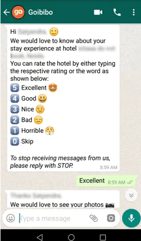 Goibibo’s customer feedback WhatsApp message.