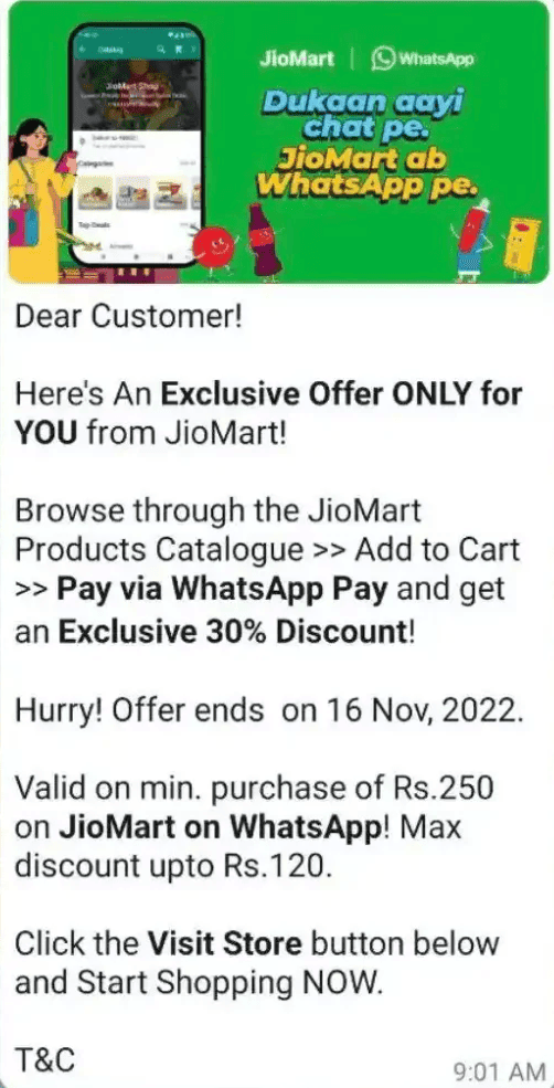JioMart’s exclusive offer WhatsApp message.