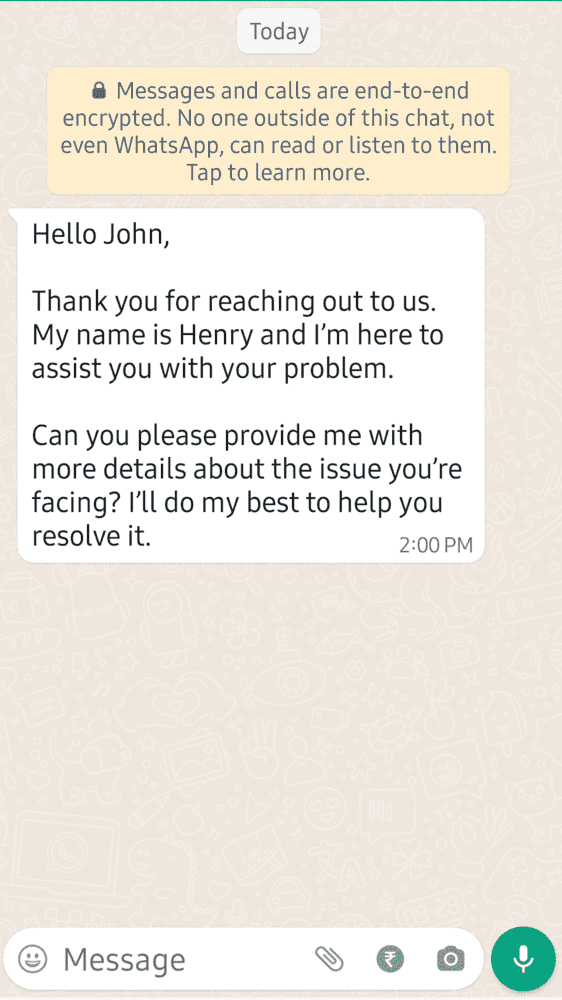 An example of a customer support message on WhatsApp.