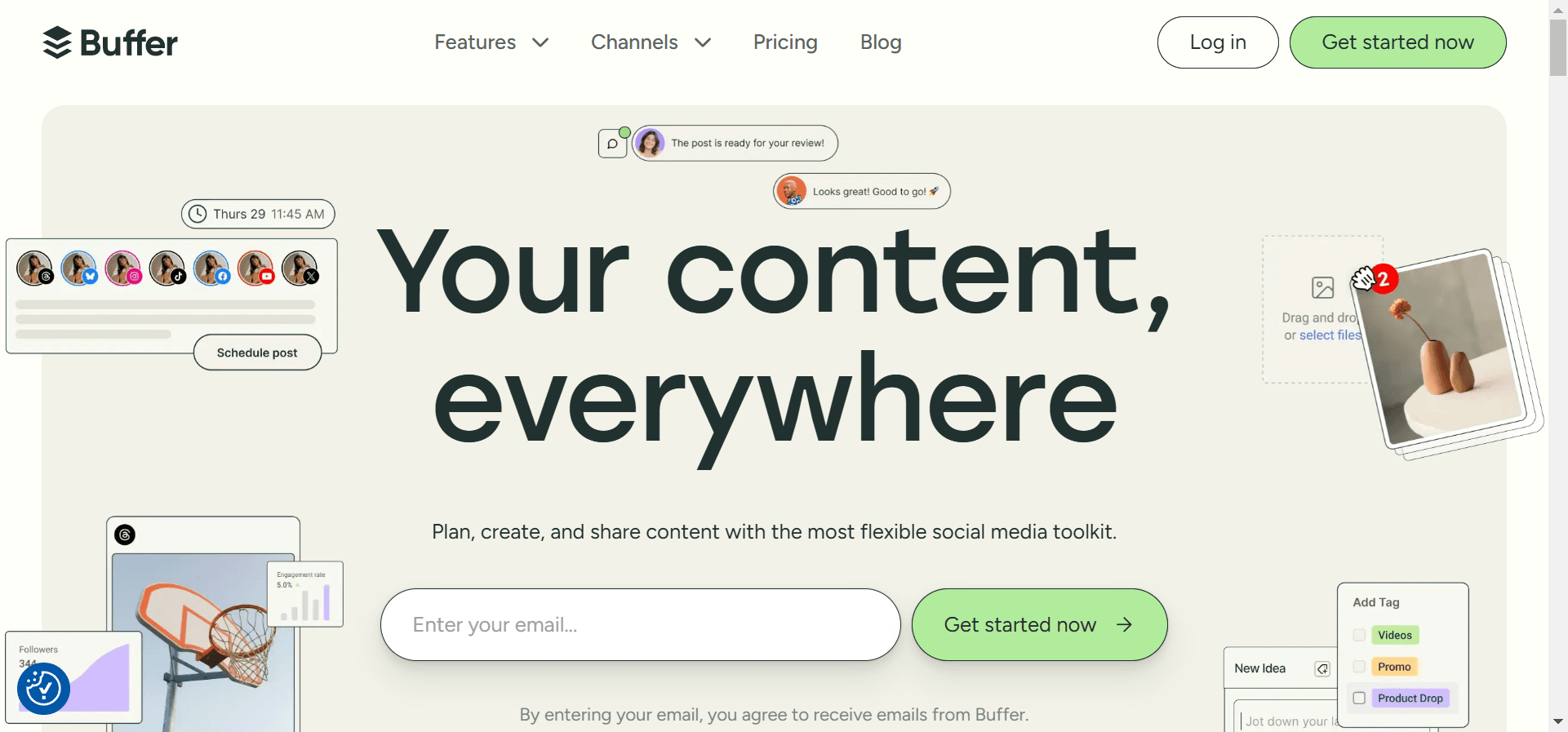 Homepage of Buffer, a social media automation tool.