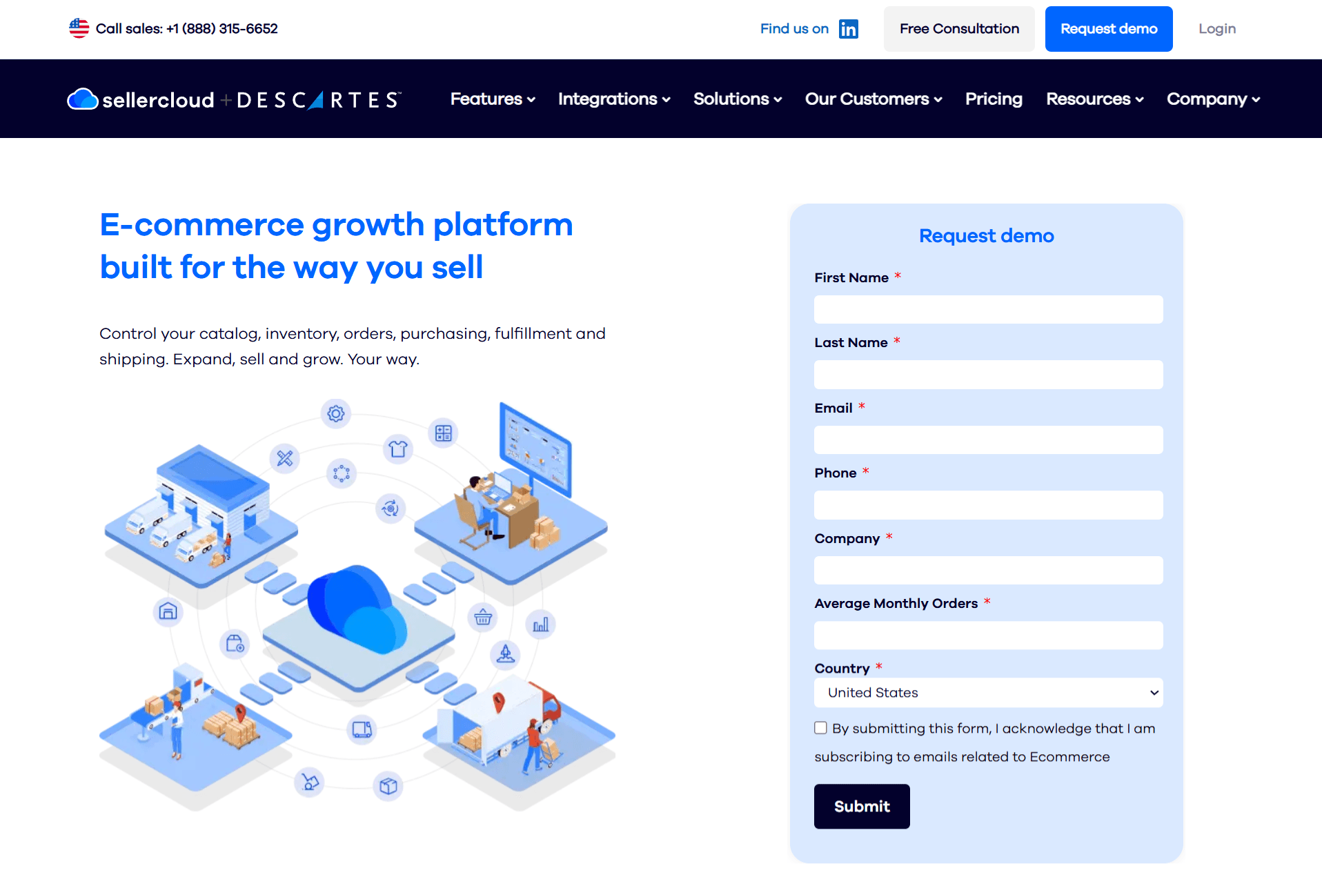 Homepage of Sellercloud, an e-commerce management solution.