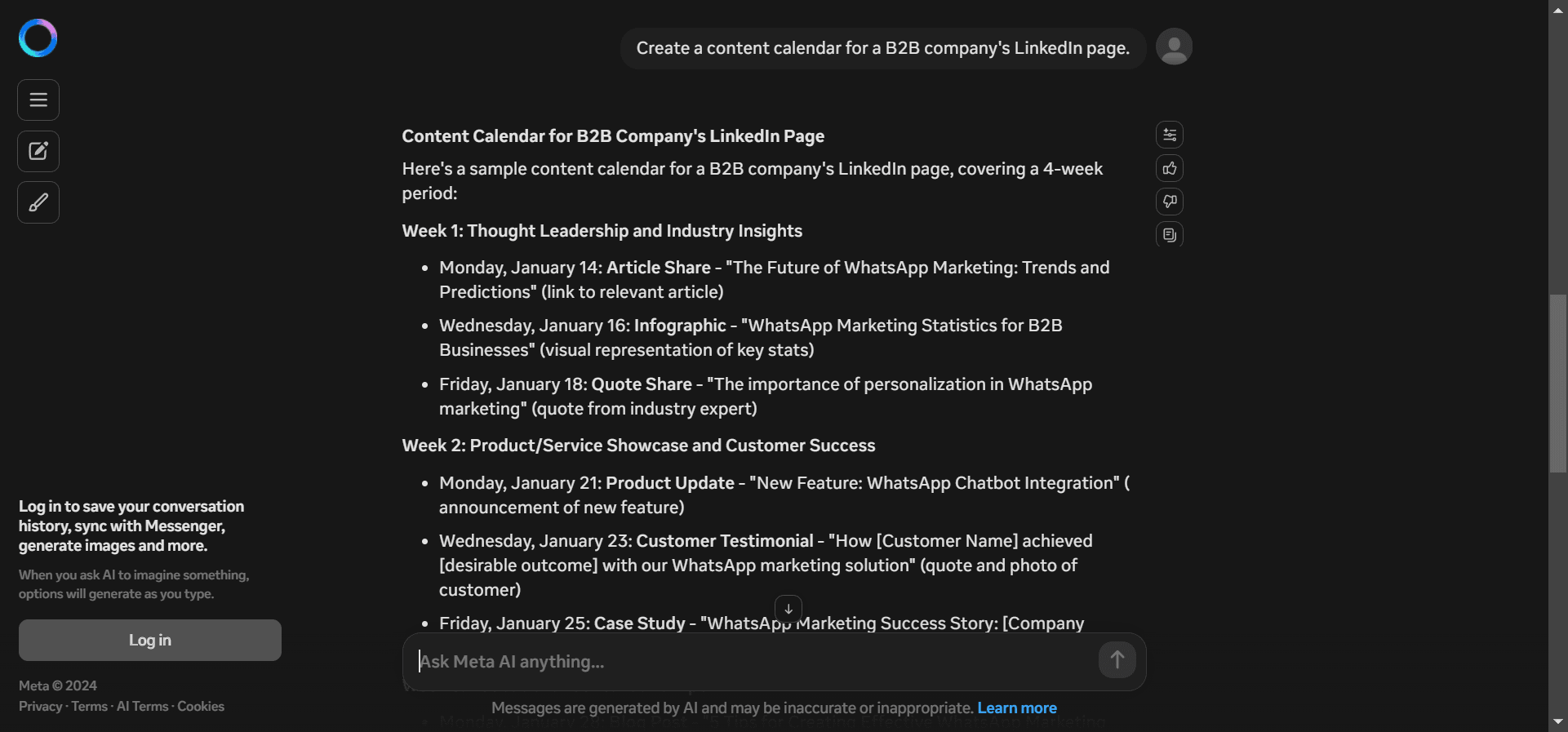 A LinkedIn content calendar created by Meta AI. 